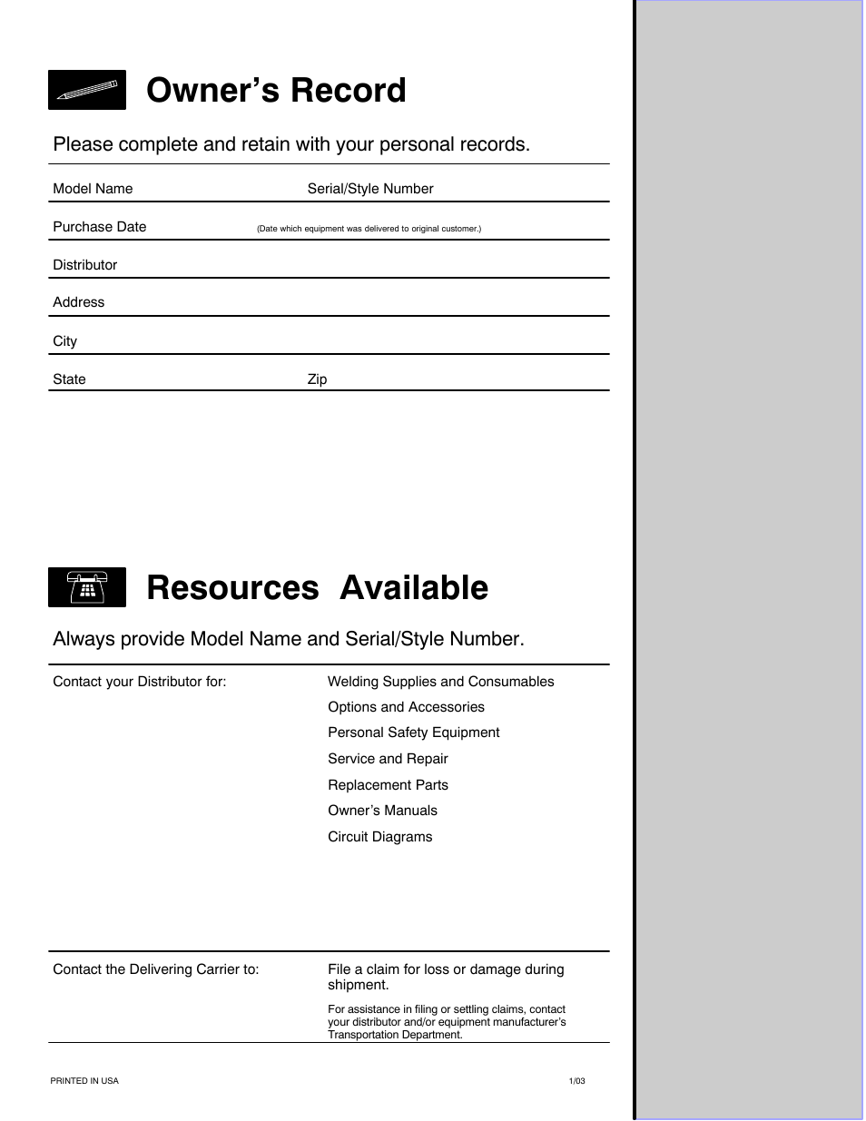 Resources available owner’s record | Miller Electric UPC 838 User Manual | Page 36 / 36