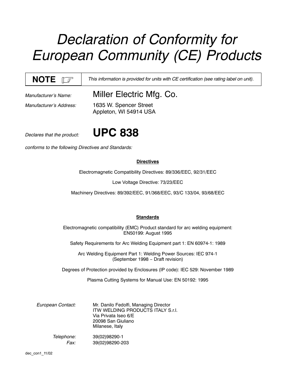 Upc 838, Miller electric mfg. co | Miller Electric UPC 838 User Manual | Page 4 / 36