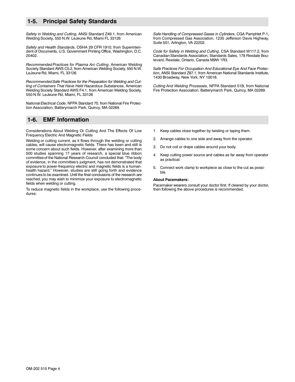 5. principal safety standards, 6. emf information | Miller Electric UPC 838 User Manual | Page 8 / 36