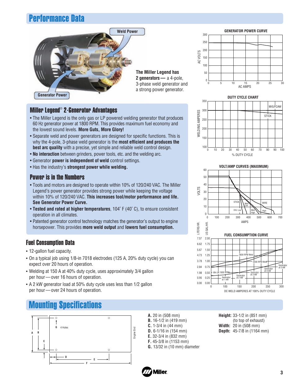 Performance data, Mounting specifications, Miller legend | Generator advantages, Power is in the numbers, Fuel consumption data, Gallon fuel capacity | Miller Electric 302 User Manual | Page 3 / 4