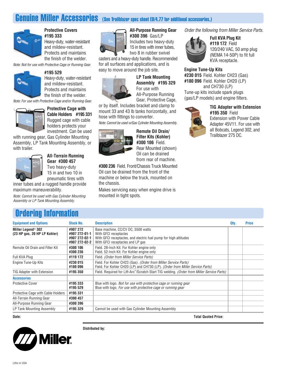 Genuine miller accessories, Ordering information | Miller Electric 302 User Manual | Page 4 / 4