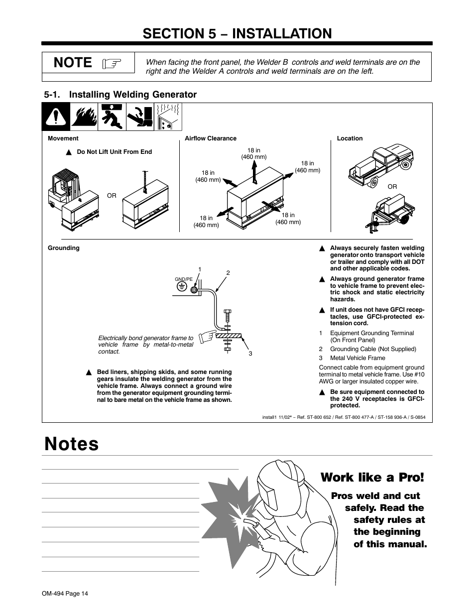 Section 5 − installation, 1. installing welding generator, Work like a pro | Miller Electric Miller DU-OP User Manual | Page 18 / 76