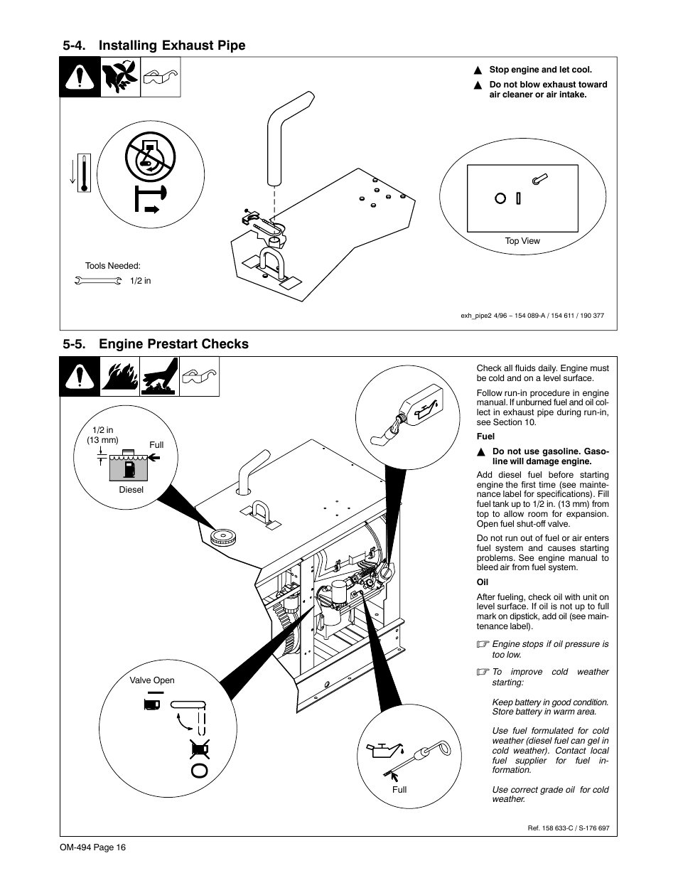 4. installing exhaust pipe, 5. engine prestart checks | Miller Electric Miller DU-OP User Manual | Page 20 / 76