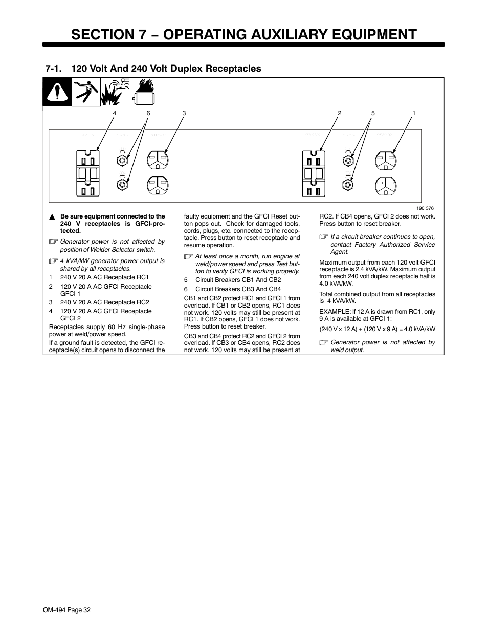 Section 7 − operating auxiliary equipment, 1. 120 volt and 240 volt duplex receptacles | Miller Electric Miller DU-OP User Manual | Page 36 / 76