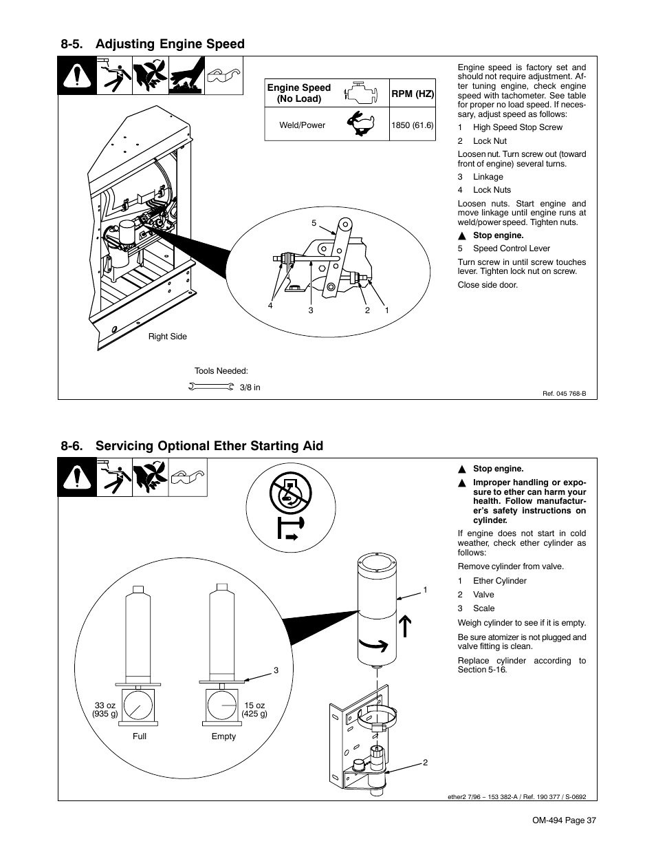 5. adjusting engine speed, 6. servicing optional ether starting aid | Miller Electric Miller DU-OP User Manual | Page 41 / 76