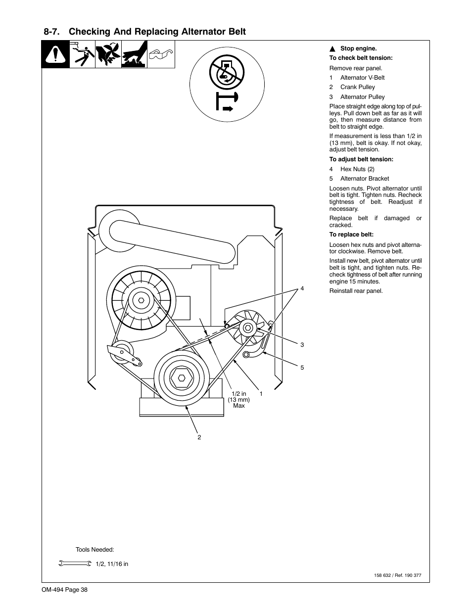 7. checking and replacing alternator belt | Miller Electric Miller DU-OP User Manual | Page 42 / 76