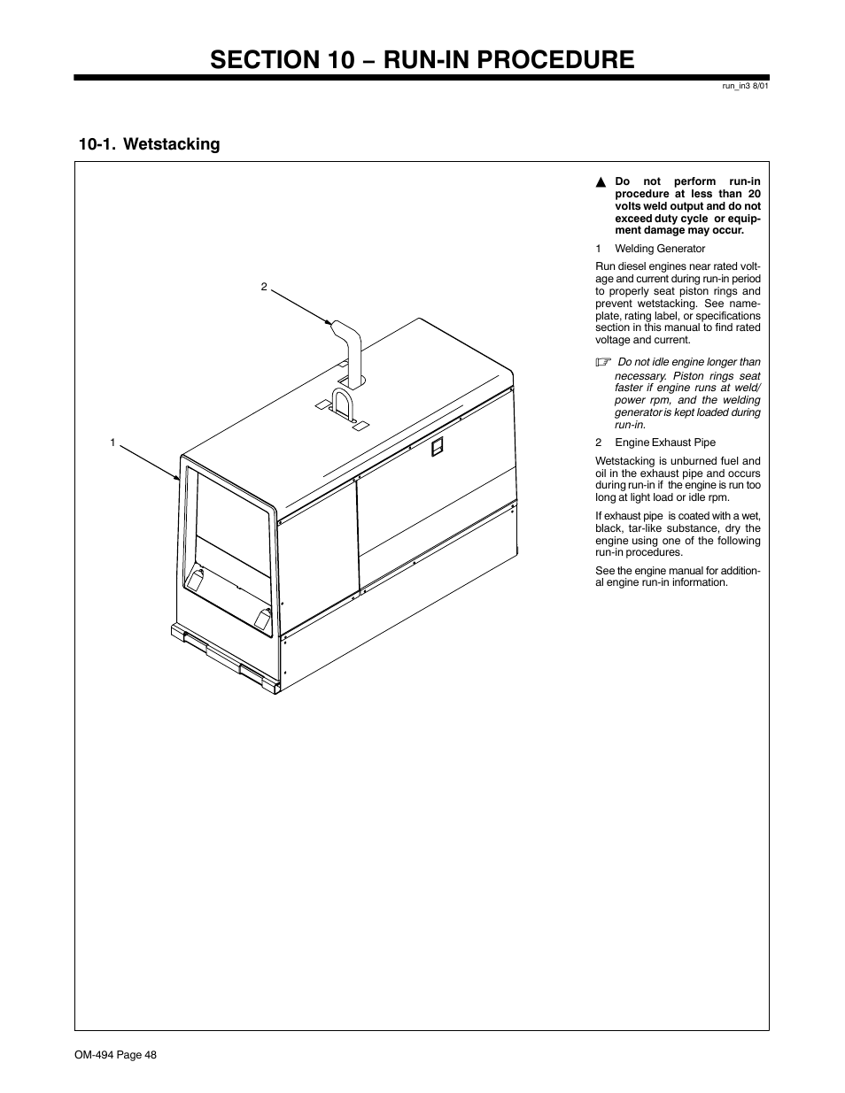 Section 10 − run-in procedure, 1. wetstacking, Dry engine (see section 10) | Miller Electric Miller DU-OP User Manual | Page 52 / 76