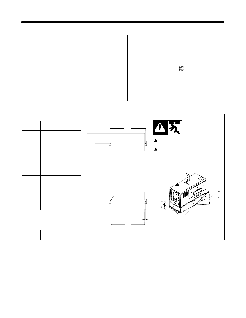 Section 4 − specifications, Weld, power, and engine specifications, Dimensions, weights, and operating angles | 1. weld, power, and engine specifications, 2. dimensions, weights, and operating angles | Miller Electric Big Blue 452P User Manual | Page 21 / 96