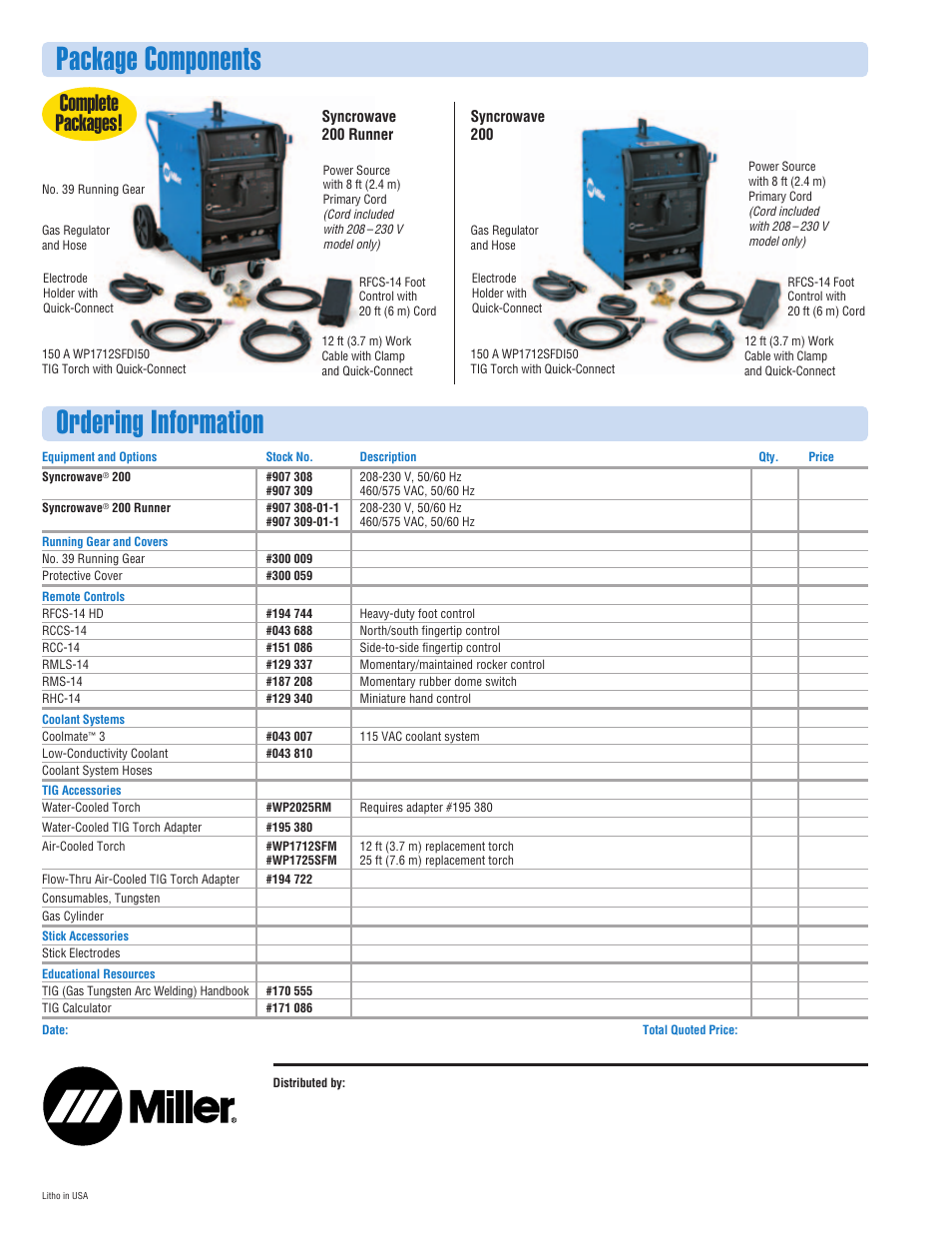 Ordering information package components, Complete packages | Miller Electric Syncrowave 200 User Manual | Page 4 / 4