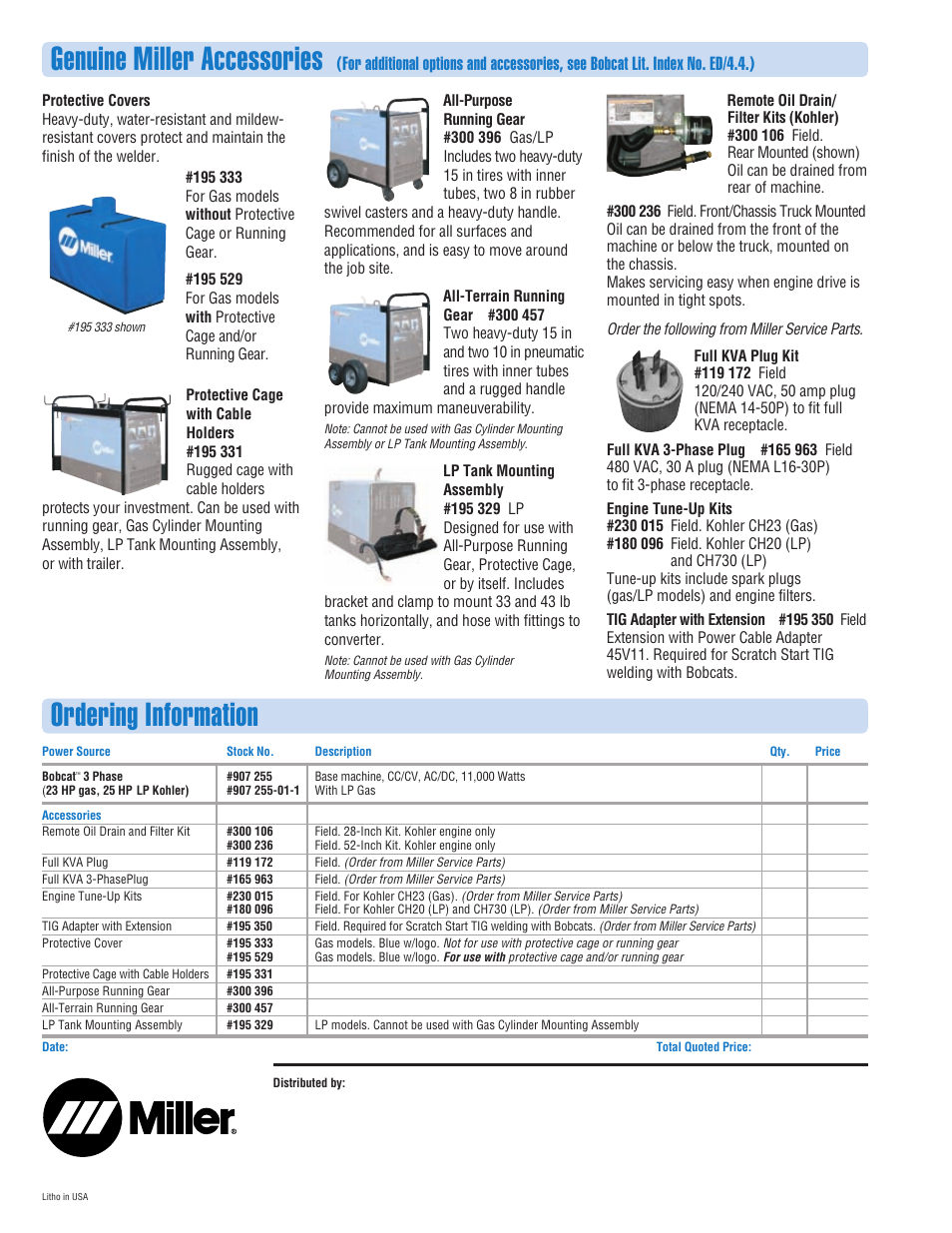 Genuine miller accessories, Ordering information | Miller Electric Engine-Driven Welder/AC Generator User Manual | Page 4 / 4