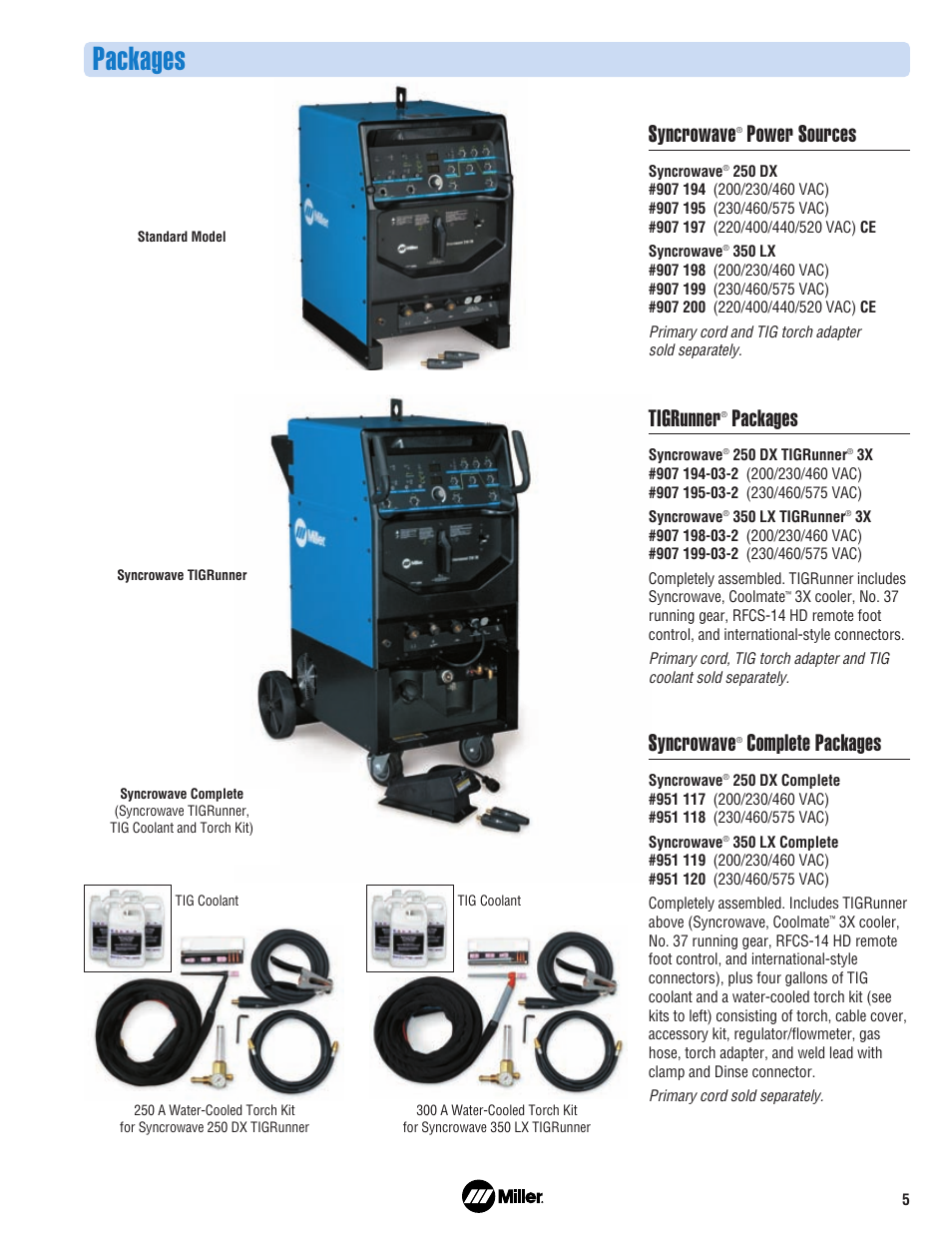 Packages, Syncrowave, Power sources | Tigrunner, Complete packages | Miller Electric 350 LX User Manual | Page 5 / 8