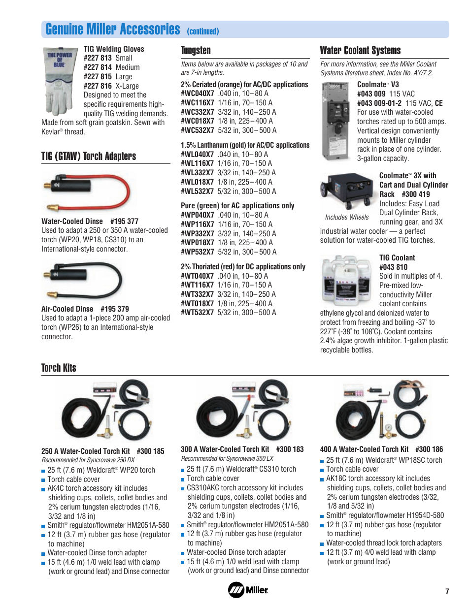 Genuine miller accessories, Tig (gtaw) torch adapters, Tungsten | Water coolant systems, Torch kits | Miller Electric 350 LX User Manual | Page 7 / 8