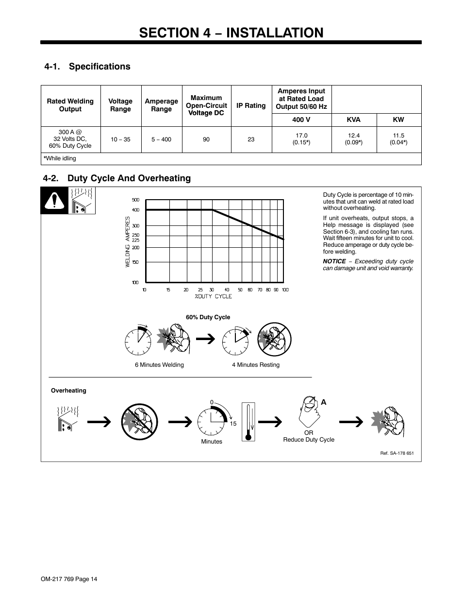 Section 4 − installation, 1. specifications, 2. duty cycle and overheating | Miller Electric XMT 400 User Manual | Page 18 / 36