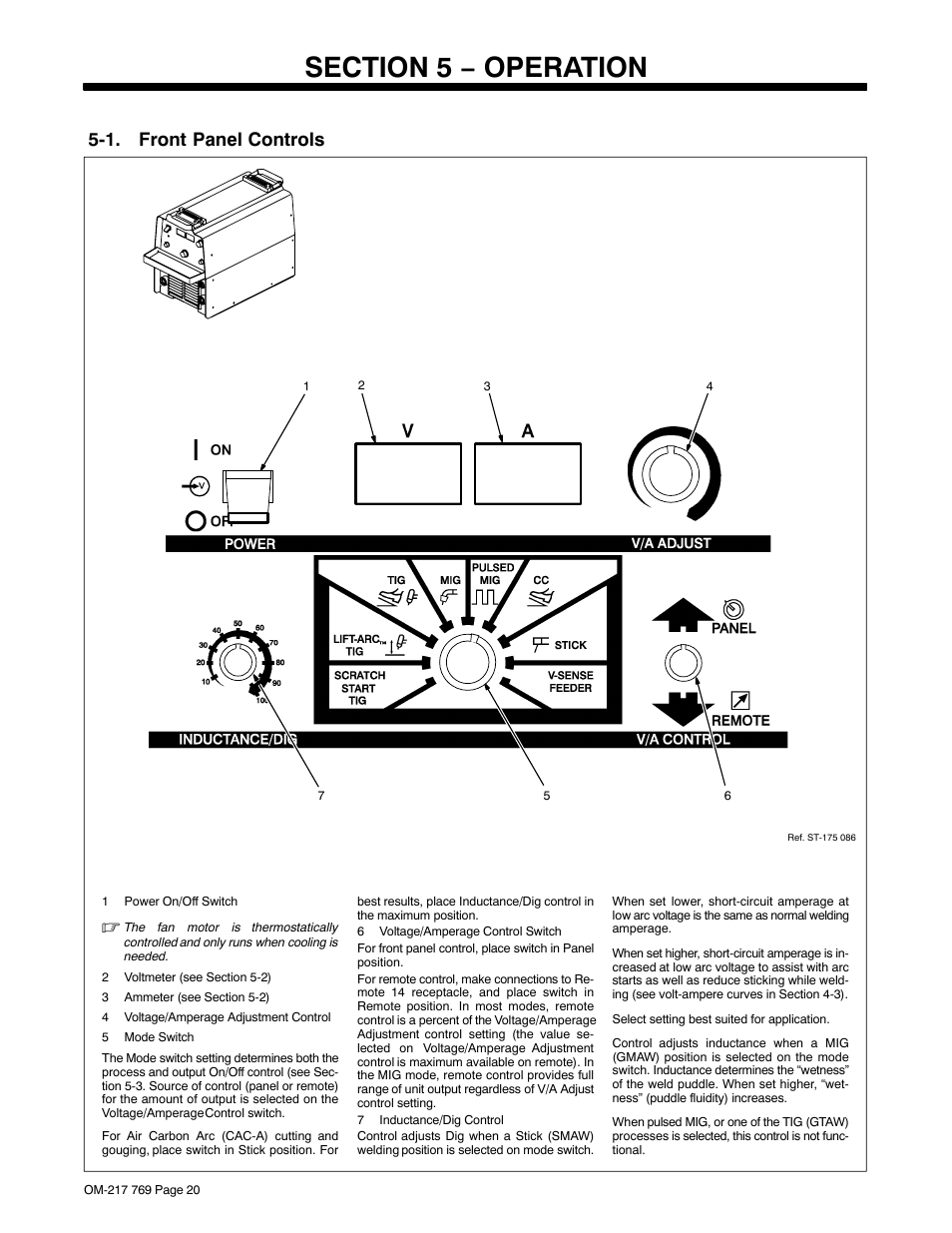Section 5 − operation, 1. front panel controls | Miller Electric XMT 400 User Manual | Page 24 / 36