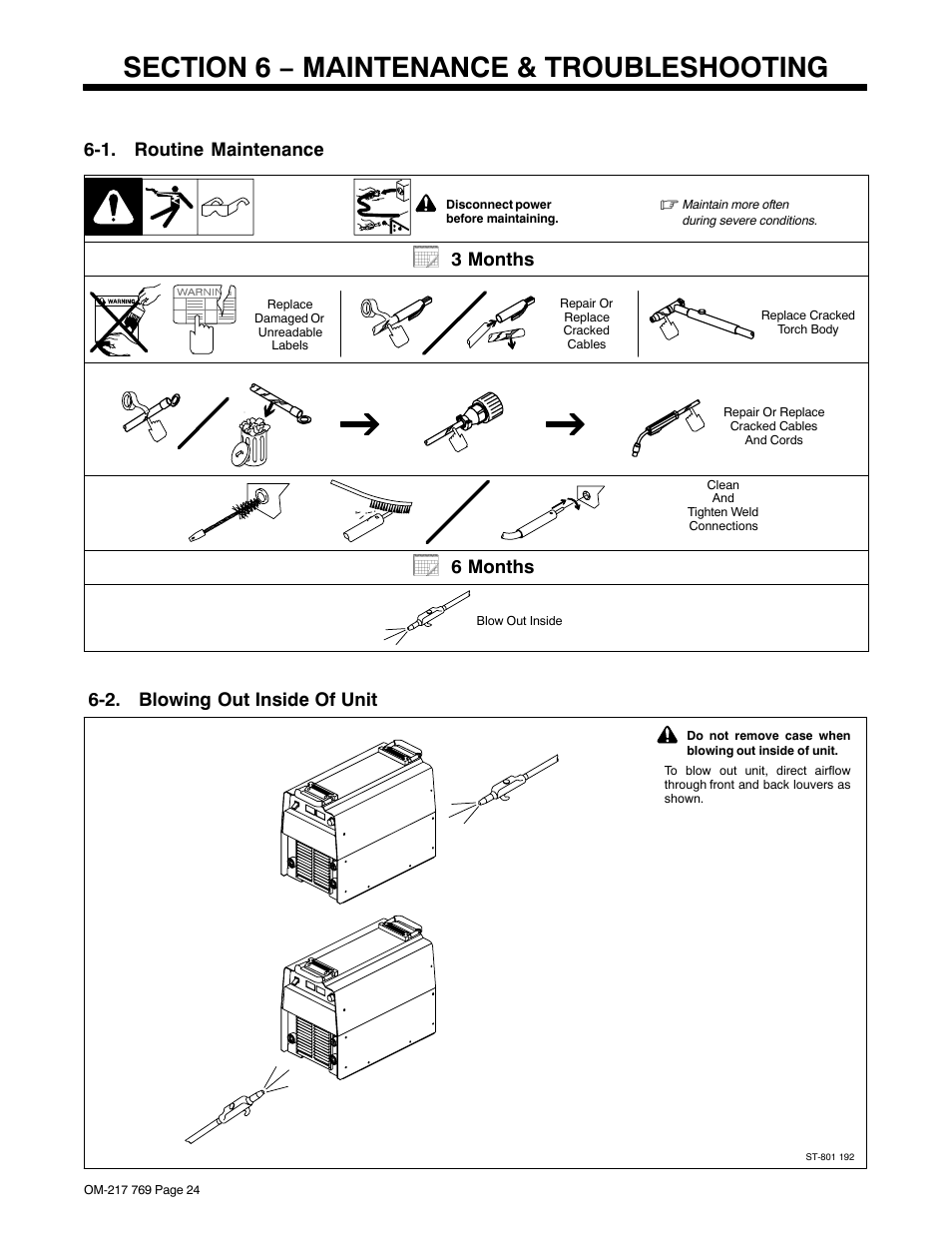 Section 6 − maintenance & troubleshooting, 1. routine maintenance, 2. blowing out inside of unit | 3 months, 6 months | Miller Electric XMT 400 User Manual | Page 28 / 36