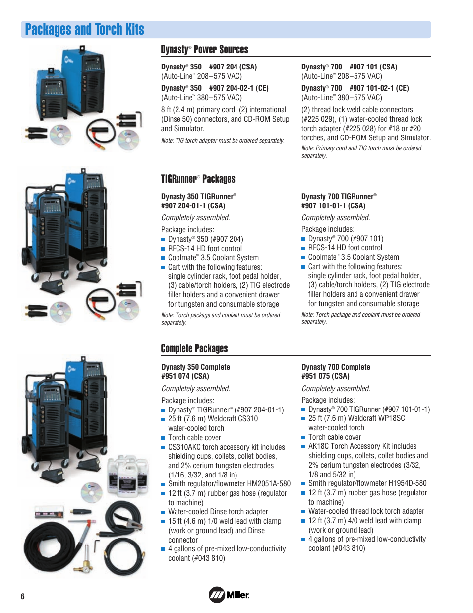 Packages and torch kits, Dynasty, Power sources tigrunner | Packages complete packages | Miller Electric 700 User Manual | Page 6 / 8