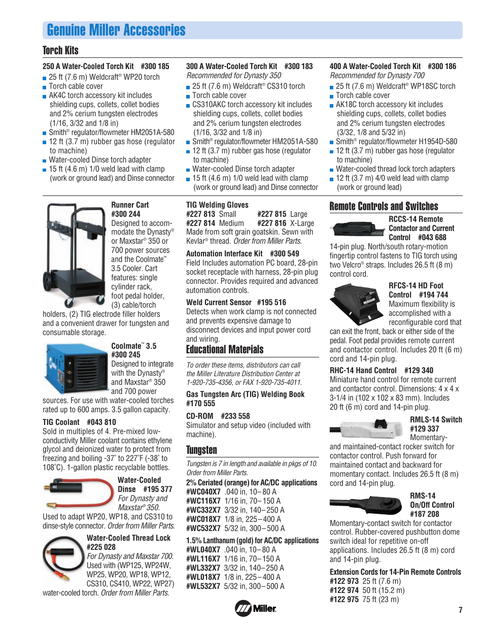 Genuine miller accessories, Educational materials, Tungsten | Remote controls and switches, Torch kits | Miller Electric 700 User Manual | Page 7 / 8