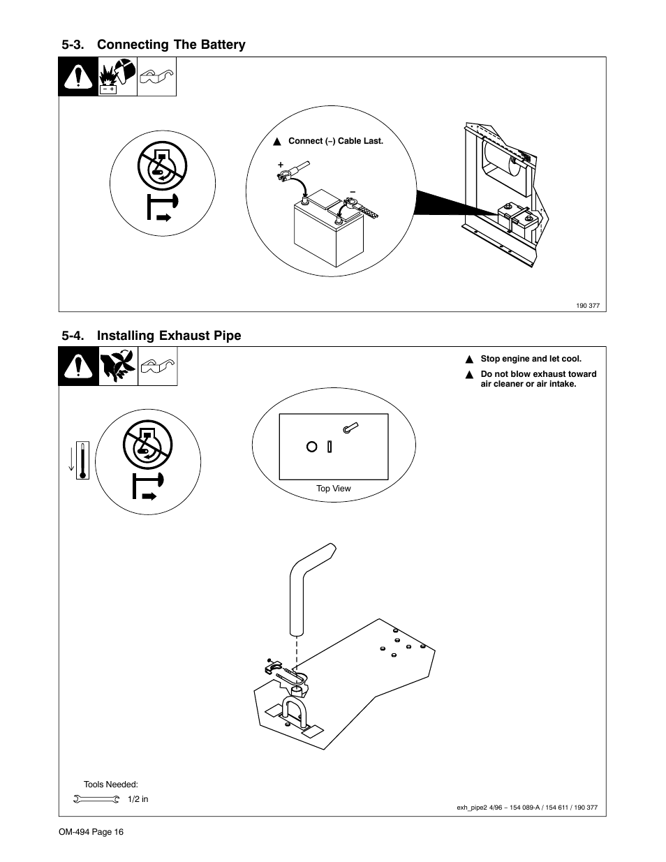 3. connecting the battery, 4. installing exhaust pipe | Miller Electric OM-494 User Manual | Page 20 / 76
