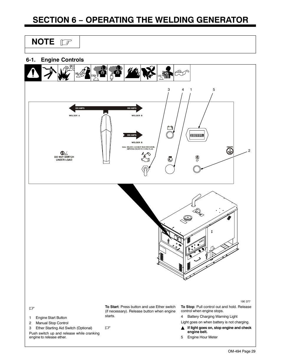 Section 6 − operating the welding generator, 1. engine controls, Welding (see section 6-1 | See section 6-1) | Miller Electric OM-494 User Manual | Page 33 / 76