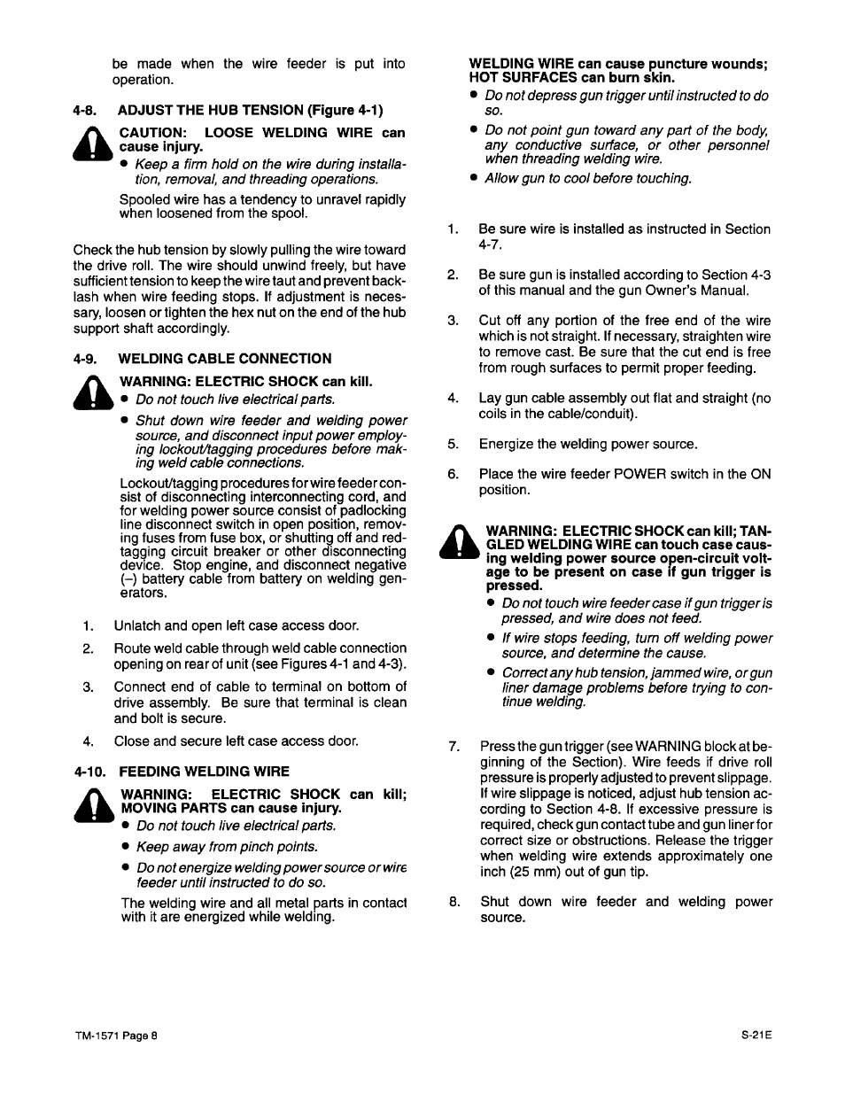 8. adjust the hub tension, 9. welding cable connection, 10. feeding welding wire | Miller Electric S-21E User Manual | Page 12 / 48