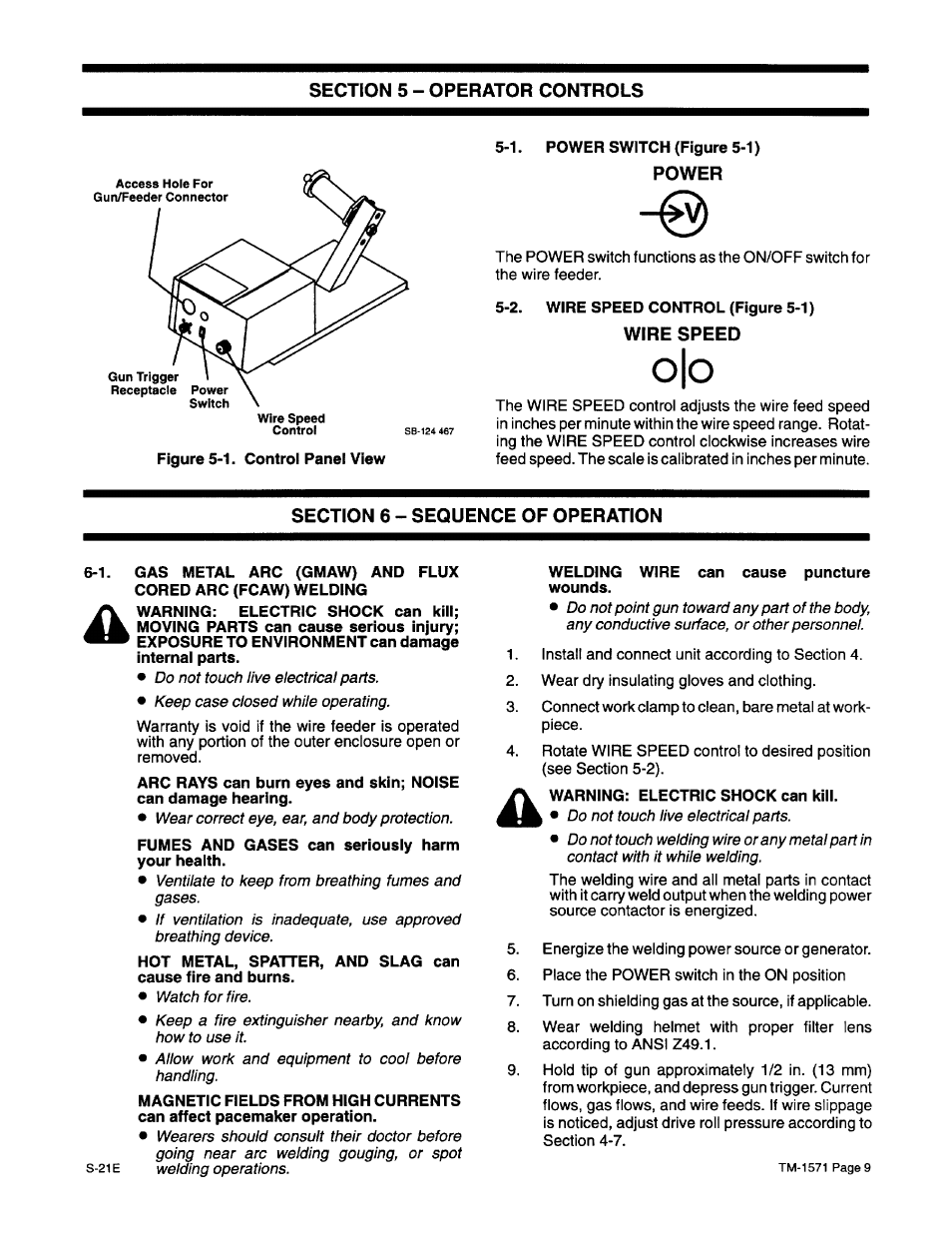 5 - operator controls, 1. power switch, 2. wire speed control | 6 - sequence of operation | Miller Electric S-21E User Manual | Page 13 / 48