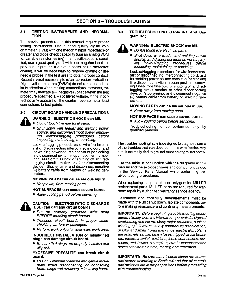 8 - troubleshooting, 1. testing instruments and information, 2. circuit boardhandling precautions | 3. troubleshooting | Miller Electric S-21E User Manual | Page 18 / 48