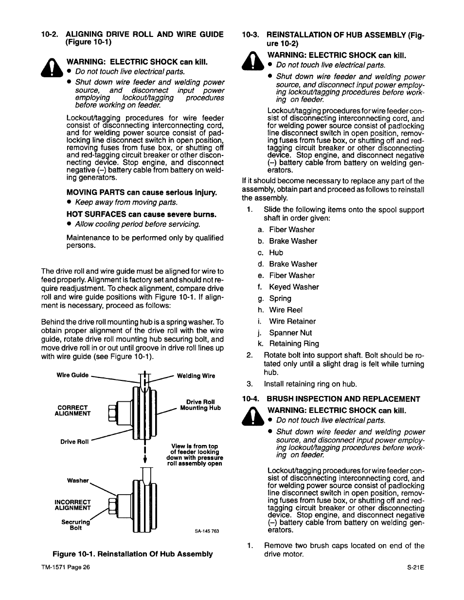 2. aligning drive roll and wire guide, 3. reinstallation of hub assembly, 4. brush inspection and replacement | Miller Electric S-21E User Manual | Page 30 / 48
