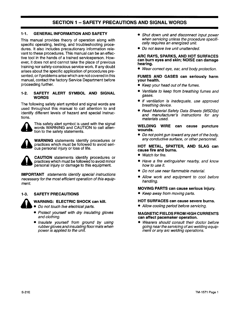 1 - safety precautions and signal words, 1. general information and safety, 2. safety alert symbol and signal words | 3. safety precautions | Miller Electric S-21E User Manual | Page 5 / 48