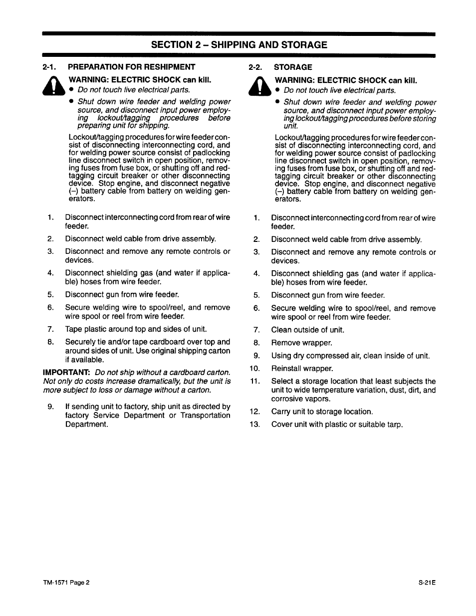 2 - shipping and storage, 1. preparation for reshipment, 2. storage | Miller Electric S-21E User Manual | Page 6 / 48