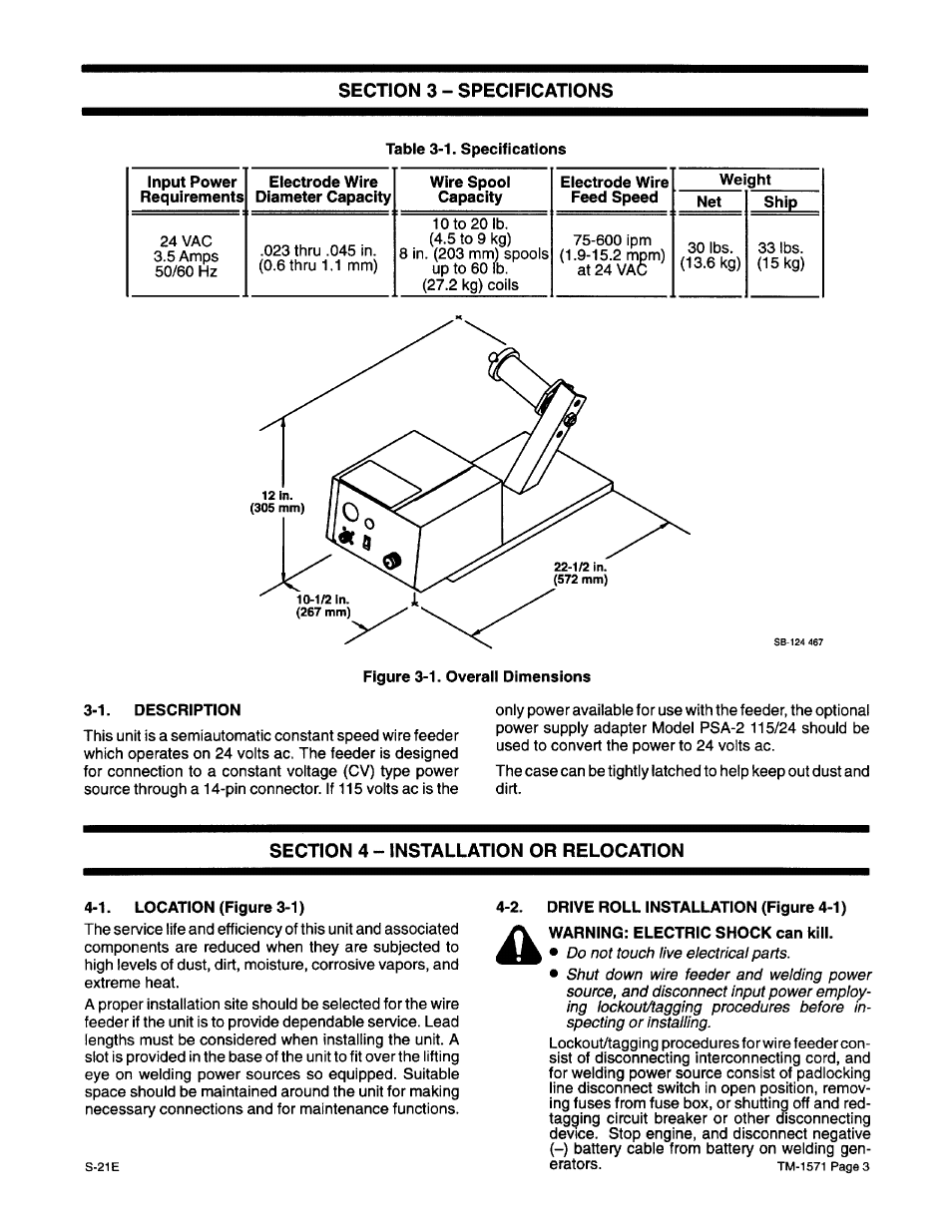 3 - specifications, 1. description, 4 - installation or relocation | 1. location, 2. drive roll installation | Miller Electric S-21E User Manual | Page 7 / 48