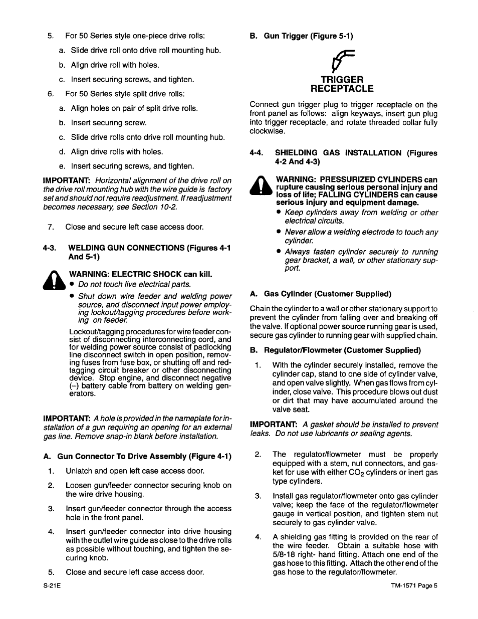 3. welding gun connections, 4. shielding gas installation | Miller Electric S-21E User Manual | Page 9 / 48