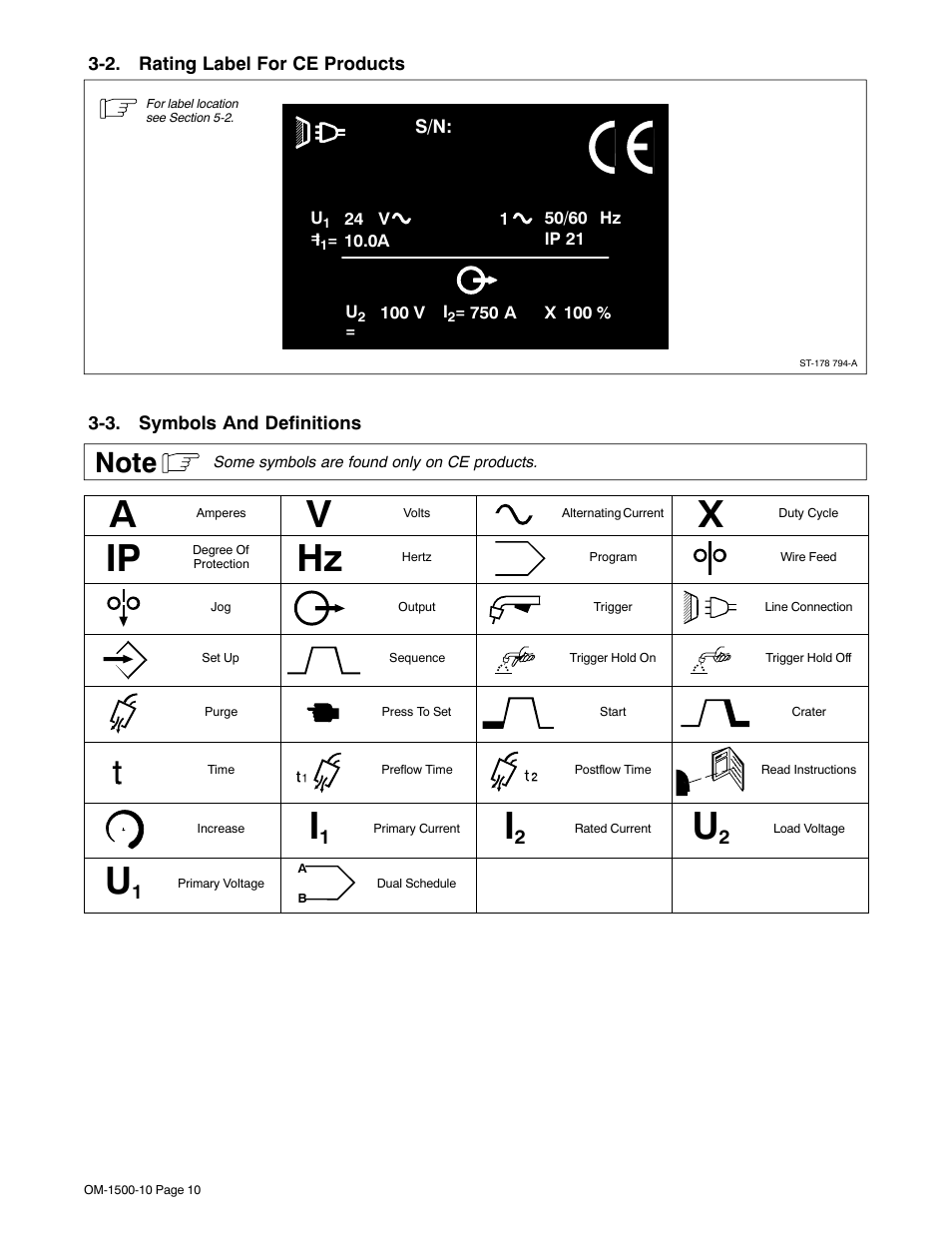 2. rating label for ce products, 3. symbols and definitions | Miller Electric S-74S User Manual | Page 14 / 36