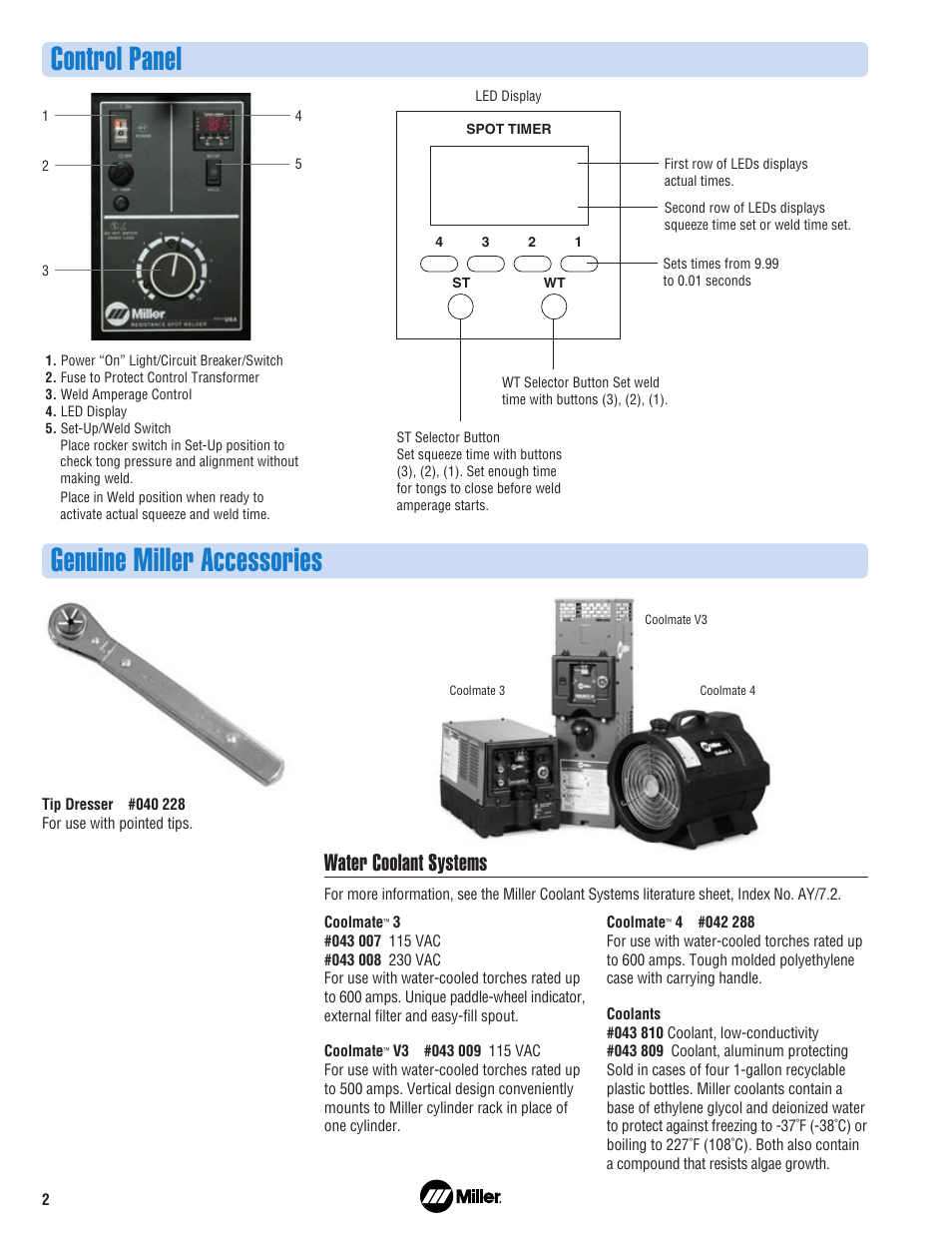 Control panel, Genuine miller accessories, Water coolant systems | Miller Electric SW3 User Manual | Page 2 / 4