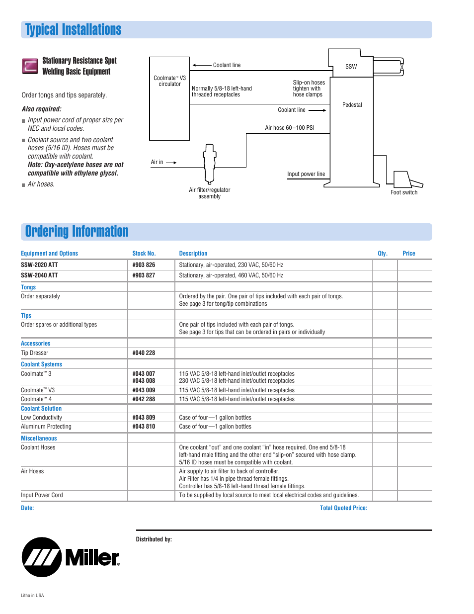 Ordering information, Typical installations, Stationary resistance spot welding basic equipment | Miller Electric SW3 User Manual | Page 4 / 4