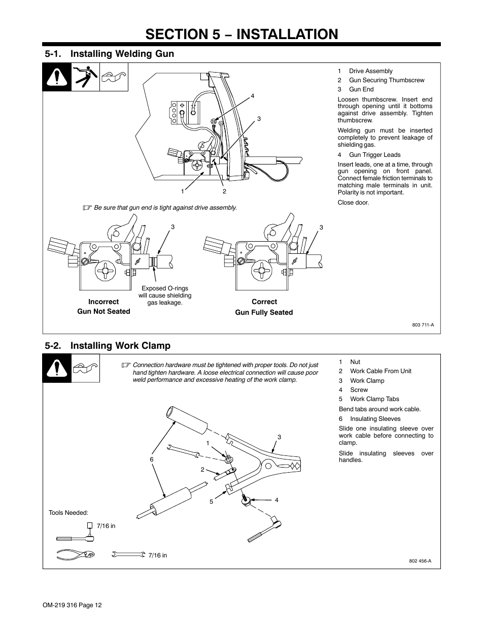 Section 5 − installation, 1. installing welding gun, 2. installing work clamp | Miller Electric H-10 User Manual | Page 16 / 48