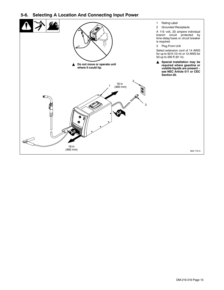 6. selecting a location and connecting input power | Miller Electric H-10 User Manual | Page 19 / 48