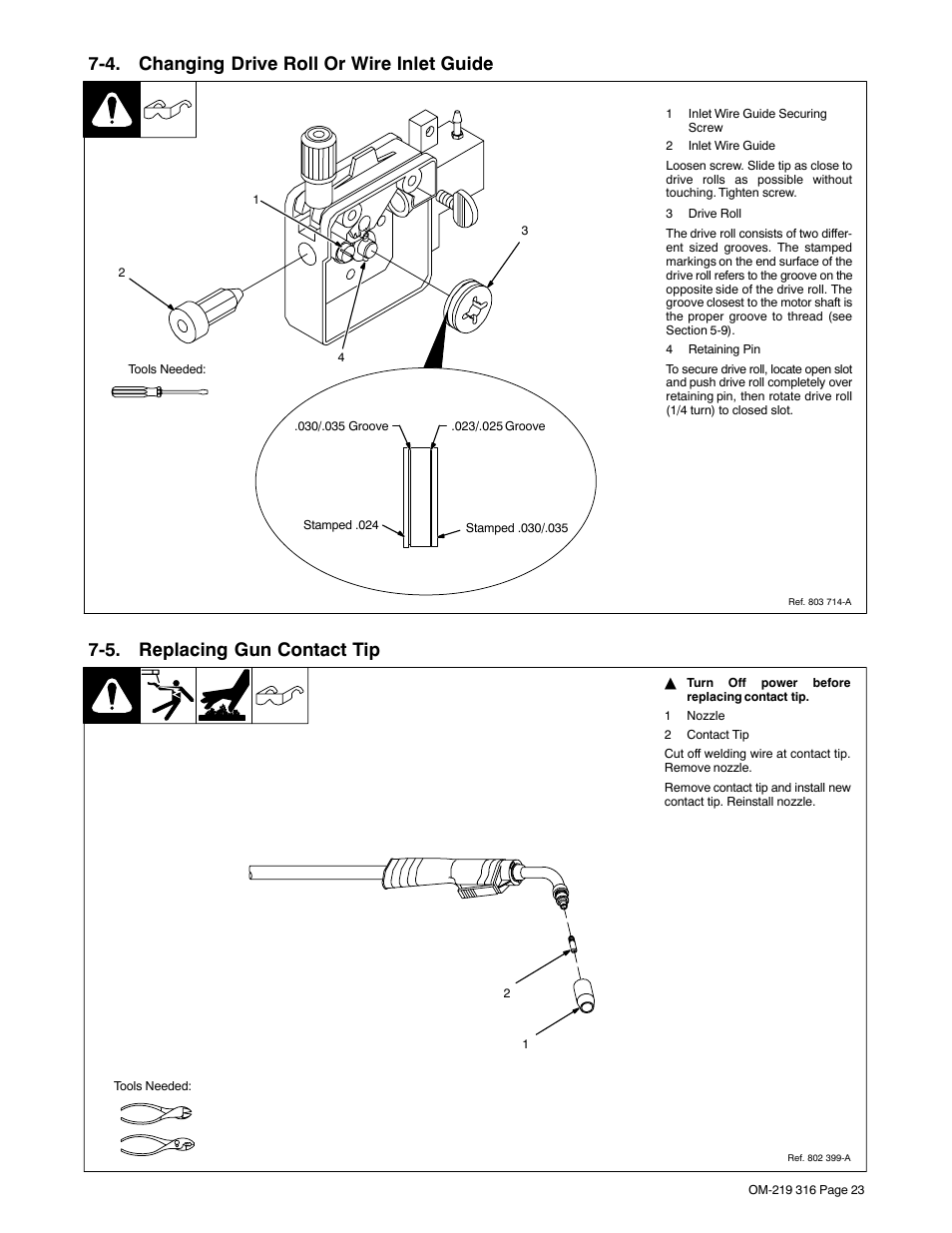 4. changing drive roll or wire inlet guide, 5. replacing gun contact tip | Miller Electric H-10 User Manual | Page 27 / 48