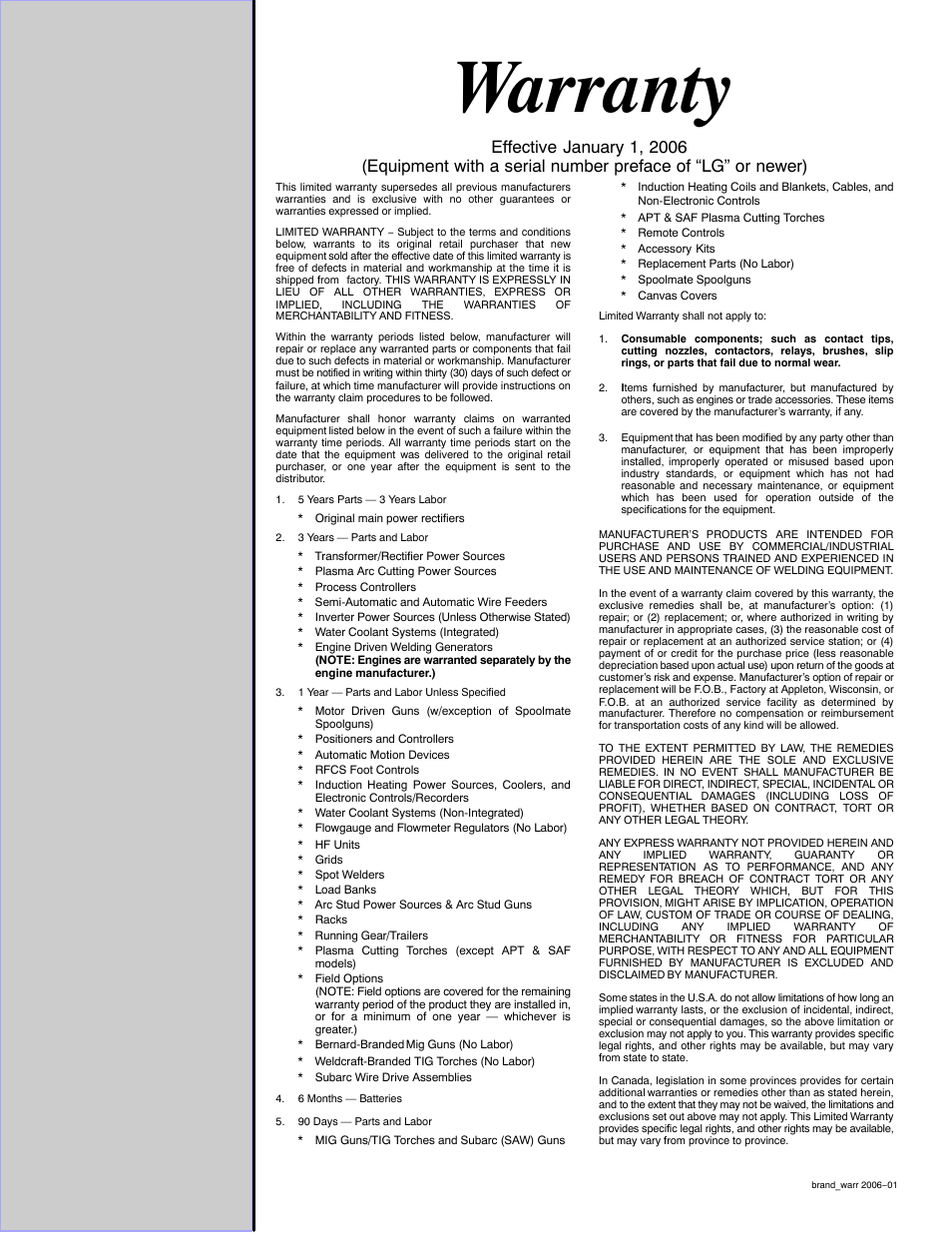 Warranty | Miller Electric H-10 User Manual | Page 47 / 48