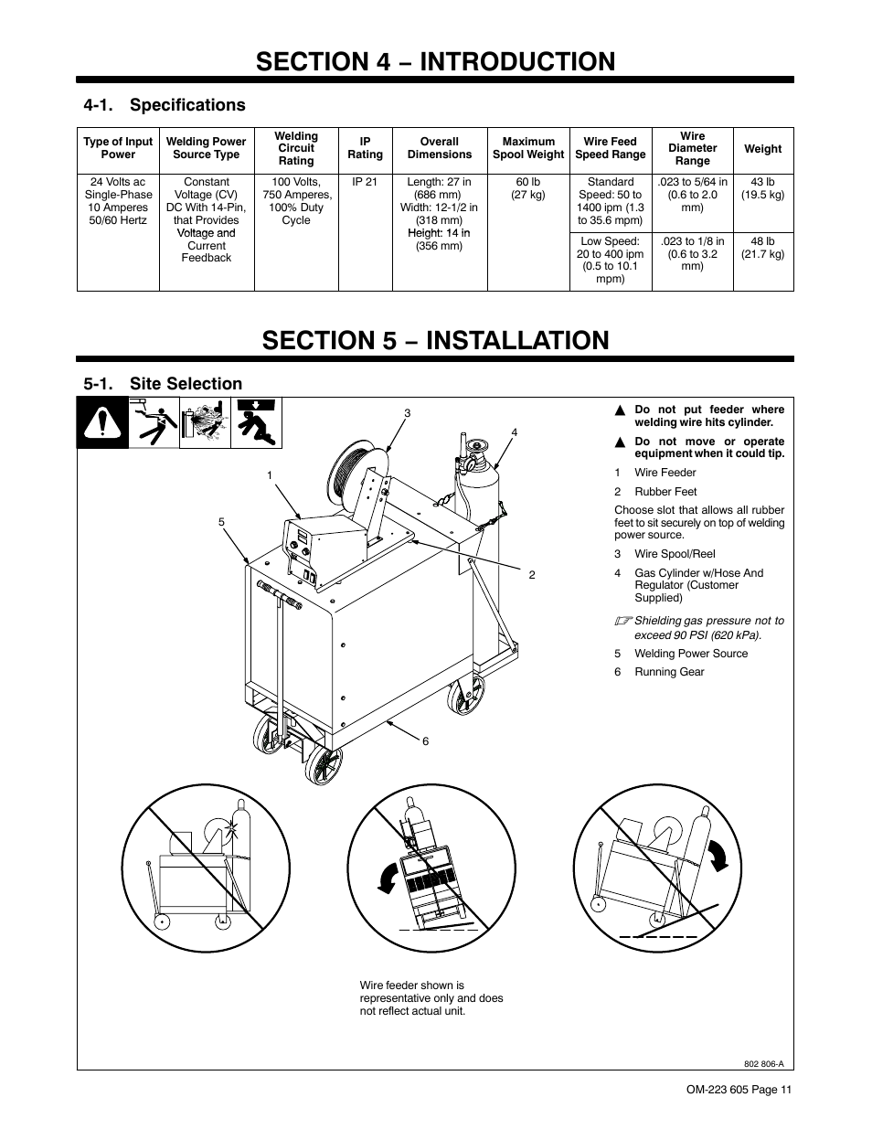 Section 4 − introduction, 1. specifications, Section 5 − installation | 1. site selection | Miller Electric S-75D User Manual | Page 15 / 40