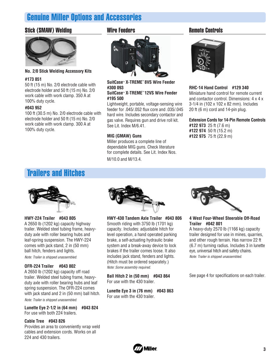 Genuine miller options and accessories, Trailers and hitches, Stick (smaw) welding | Wire feeders, Remote controls | Miller Electric Welder/Generator User Manual | Page 3 / 4