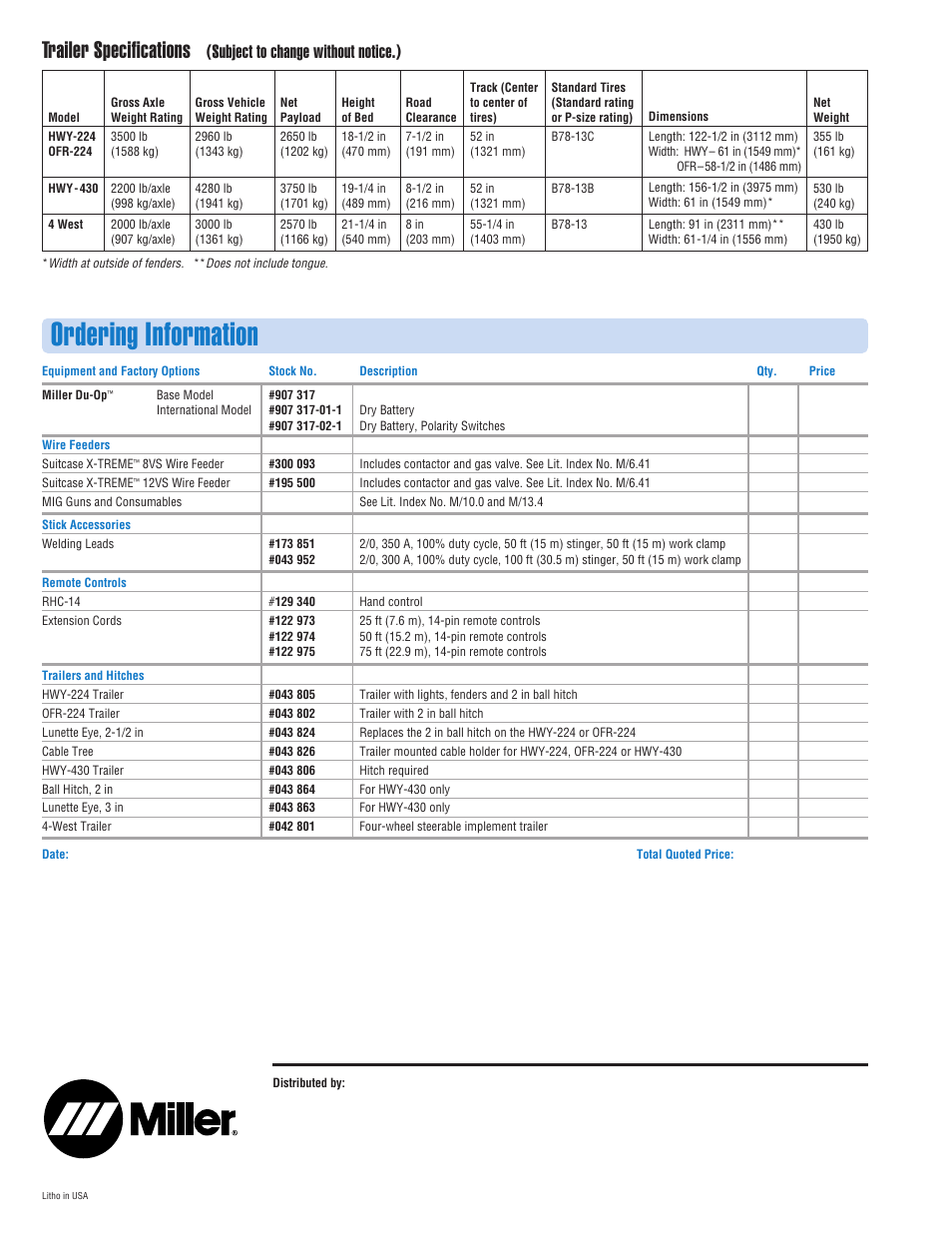 Ordering information, Trailer specifications, Subject to change without notice.) | Miller Electric Welder/Generator User Manual | Page 4 / 4