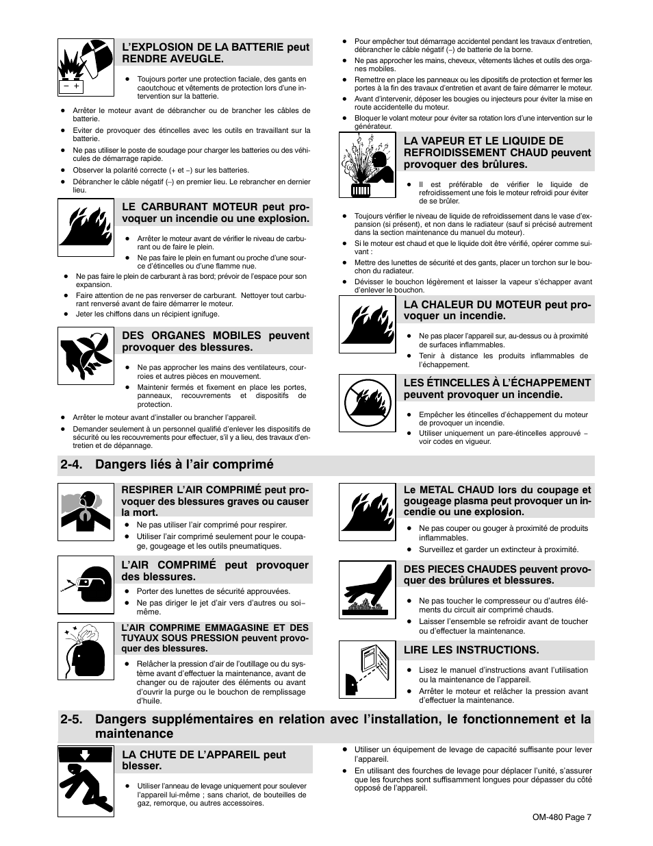 4. dangers liés à l’air comprimé, L’explosion de la batterie peut rendre aveugle, La chaleur du moteur peut pro- voquer un incendie | L’air comprimé peut provoquer des blessures, Lire les instructions, La chute de l’appareil peut blesser | Miller Electric Big Blue 251D User Manual | Page 11 / 60