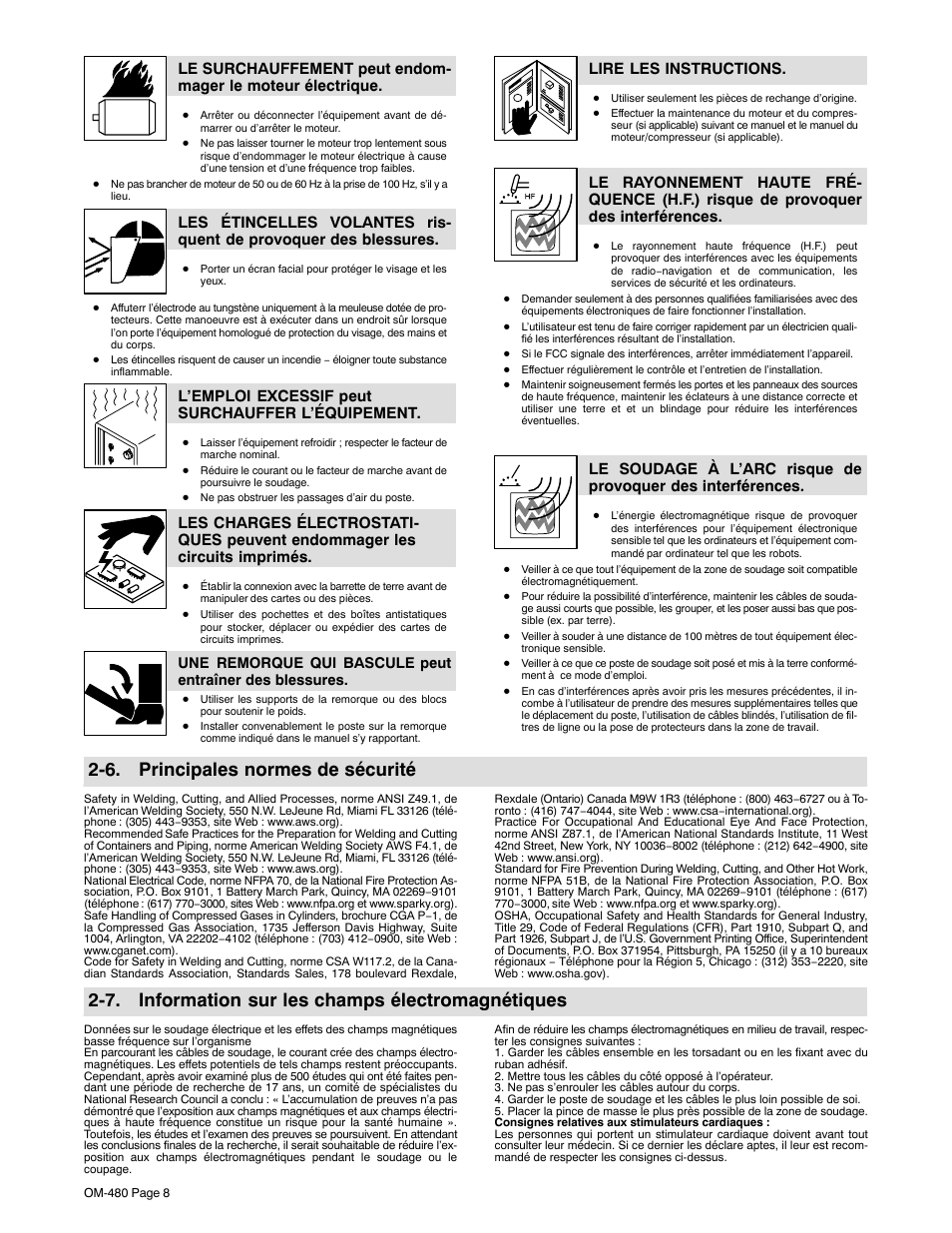 6. principales normes de sécurité, 7. information sur les champs électromagnétiques, L’emploi excessif peut surchauffer l’équipement | Lire les instructions | Miller Electric Big Blue 251D User Manual | Page 12 / 60