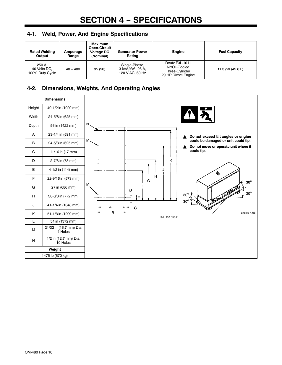 Section 4 − specifications, 1. weld, power, and engine specifications, 2. dimensions, weights, and operating angles | Miller Electric Big Blue 251D User Manual | Page 14 / 60