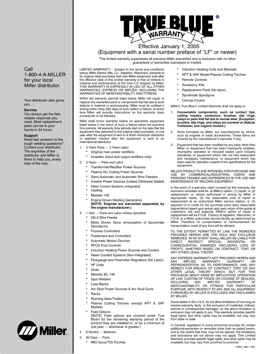 Warranty questions | Miller Electric Big Blue 251D User Manual | Page 59 / 60