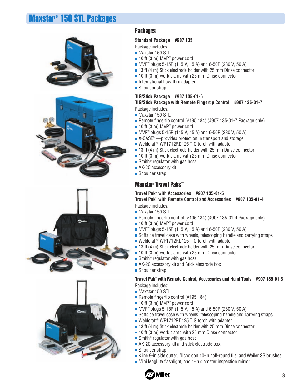 Maxstar, 150 stl packages, Packages | Maxstar travel paks | Miller Electric Maxstar 150 STL User Manual | Page 3 / 4
