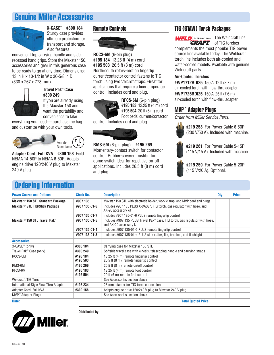 Ordering information, Genuine miller accessories, Remote controls | Tig (gtaw) torch packages, Adapter plugs | Miller Electric Maxstar 150 STL User Manual | Page 4 / 4