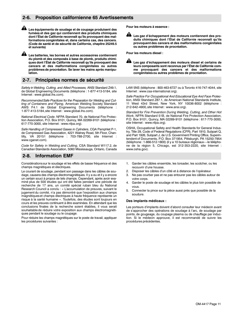 6. proposition californienne 65 avertissements, 7. principales normes de sécurité, 8. information emf | Miller Electric 145 DXR User Manual | Page 15 / 54