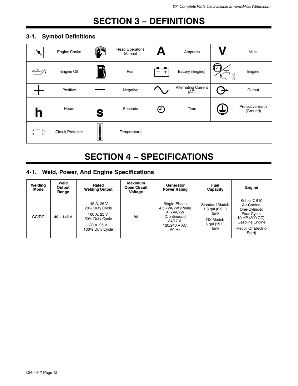 Section 3 − definitions, Section 4 − specifications, 1. weld, power, and engine specifications | 1. symbol definitions | Miller Electric 145 DXR User Manual | Page 16 / 54