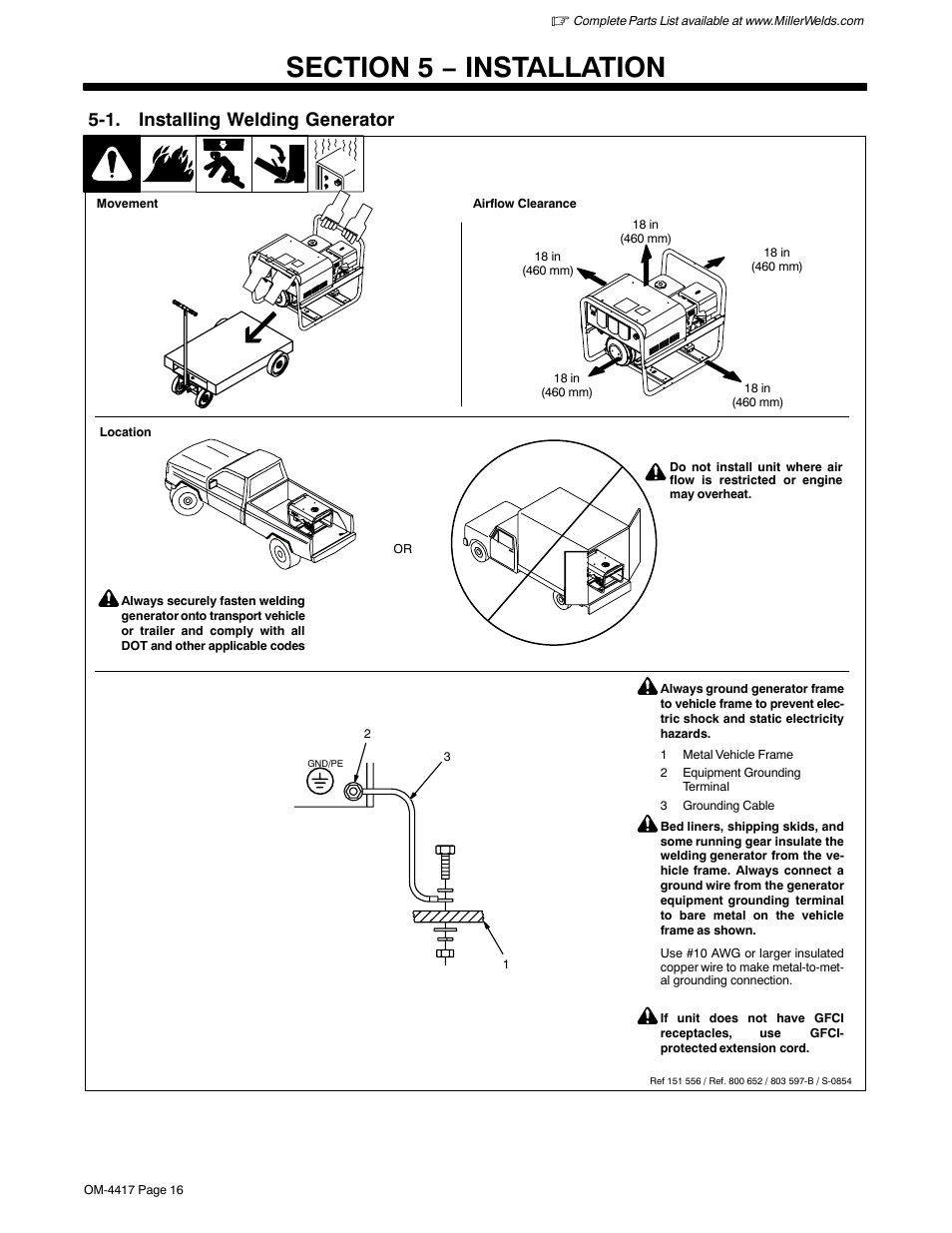 Section 5 − installation, 1. installing welding generator | Miller Electric 145 DXR User Manual | Page 20 / 54